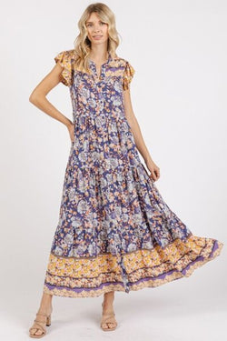 Mittoshop Floral Ruffled Notched Cap Sleeve Maxi Dress