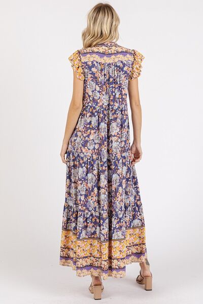 Mittoshop Floral Ruffled Notched Cap Sleeve Maxi Dress