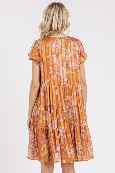 Mittoshop Flower Print Round Neck Flutter Sleeve Tiered Dress