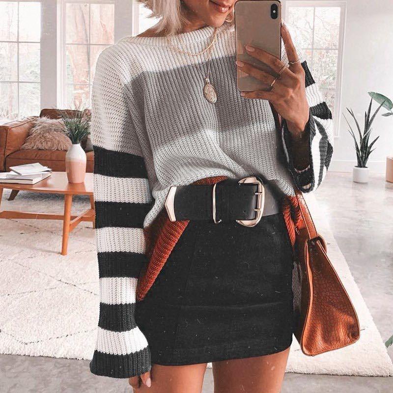 2021 Autumn and Winter  New Women Clothing Color Splicing Knitwear