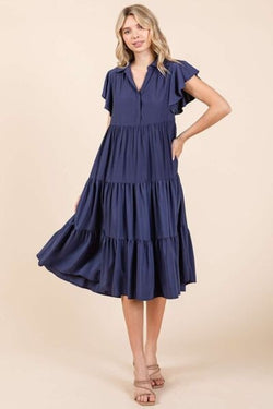 Mittoshop Ruffle Sleeve Collared V Neck Tiered Midi Dress