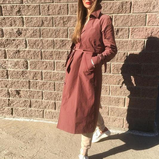 Women long trench coat V-neck tied brick red windbreaker female Gentle