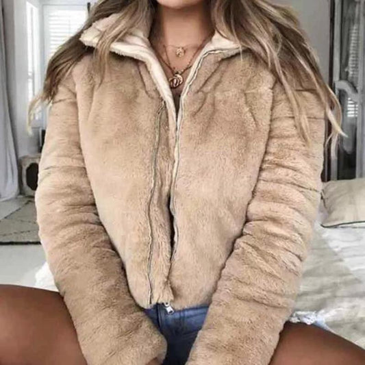 Turndown collar faux fur jackets Women long sleeve zipper