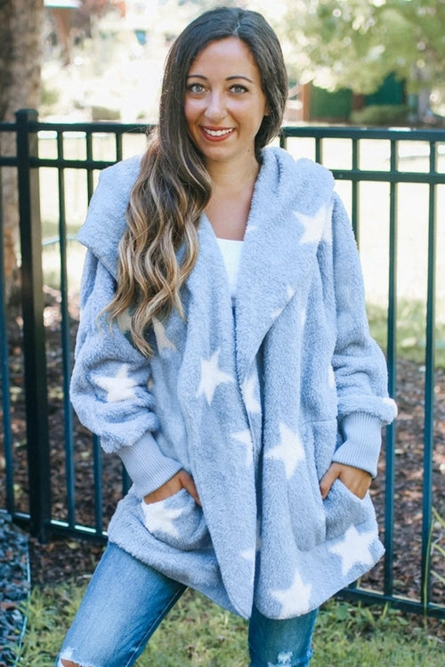 Women’s Sky Blue Lapel Collar Scatter Star Fuzzy Coat