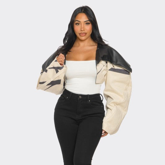 Two-Tone Puff Sleeve Bomber Jacket