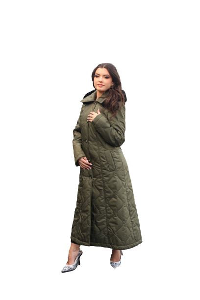 Quilted Single Breasted Longline Hooded Coat