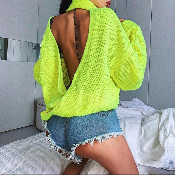 Backless sexy long sleeve pullover Women knitted winter