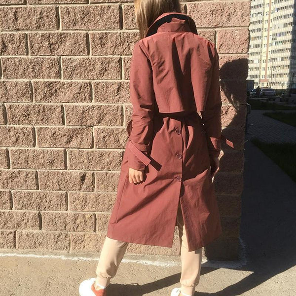 Women long trench coat V-neck tied brick red windbreaker female Gentle