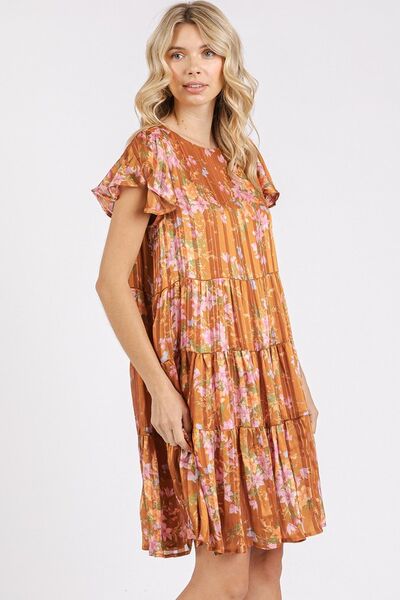 Mittoshop Flower Print Round Neck Flutter Sleeve Tiered Dress