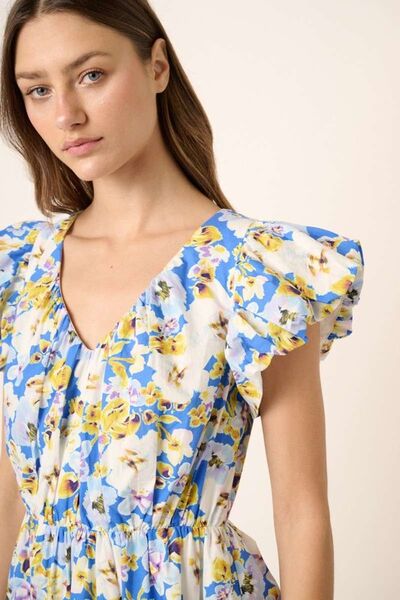 Mittoshop Floral V-Neck Cap Sleeve Mini Dress