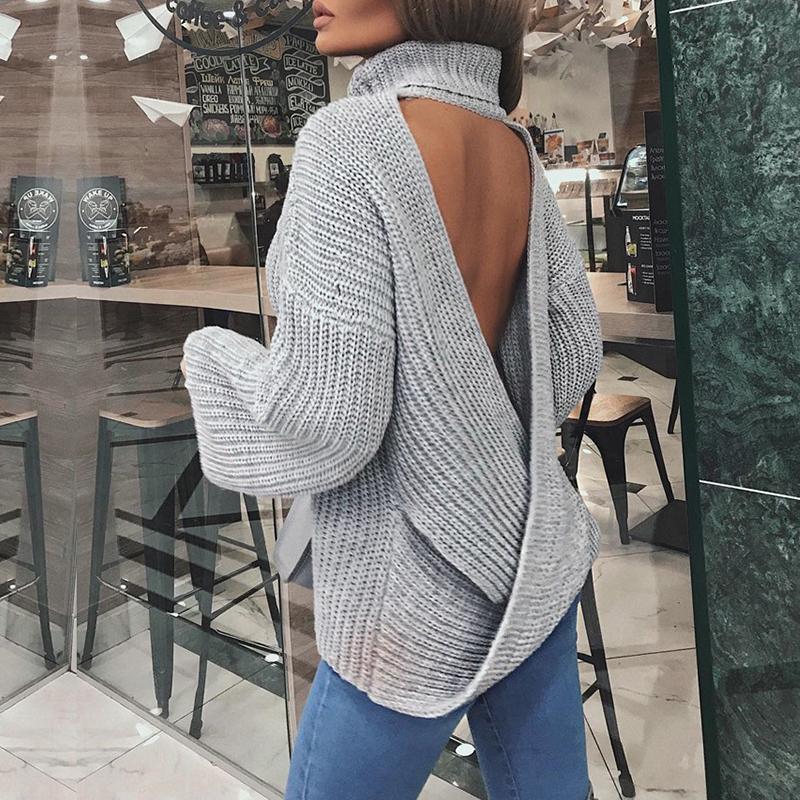 Backless sexy long sleeve pullover Women knitted winter