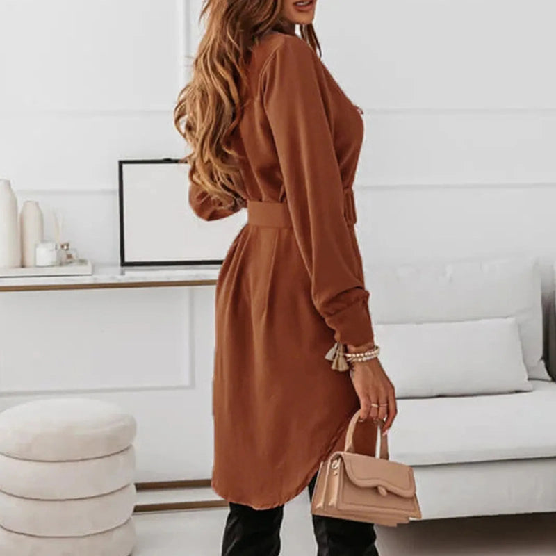 Knee-Length Casual A-Line Slim Fit Shirt Dress with Long Sleeves