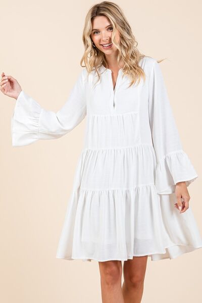 Mittoshop Tiered Notched Flare Sleeve Dress