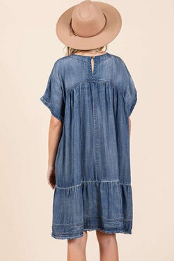 Mittoshop Washed Chambray Denim Oversized Tier Mini Dress