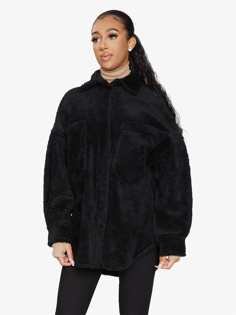 Oversized Patch Pocket Borg Teddy Shacket