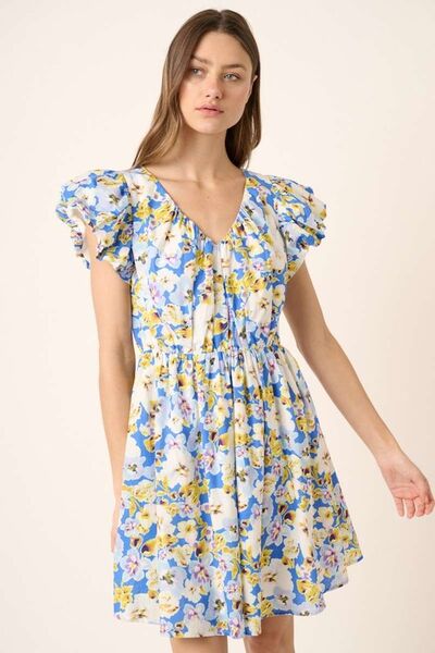 Mittoshop Floral V-Neck Cap Sleeve Mini Dress