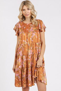 Mittoshop Flower Print Round Neck Flutter Sleeve Tiered Dress