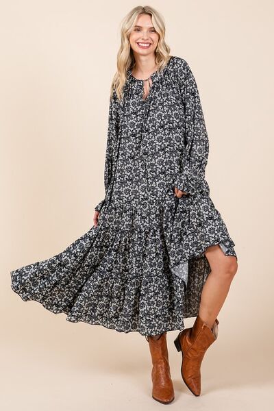 Mittoshop Printed Tie Neck Flounce Sleeve Midi Dress