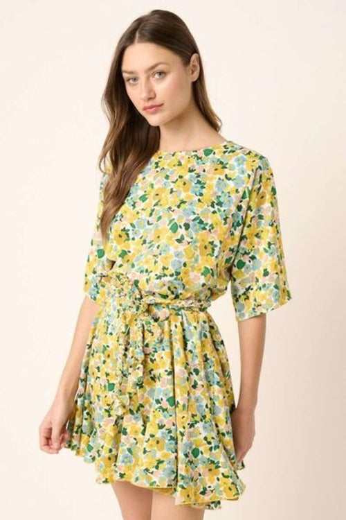 Mittoshop Floral Tie Waist Half Sleeve Mini Dress