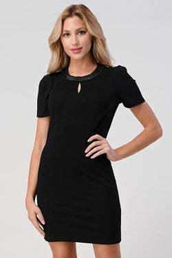 Beaded Neckline Keyhole Dress