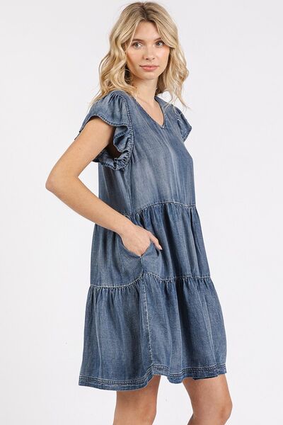 Mittoshop V-Neck Ruffled Cap Sleeve Mini Dress