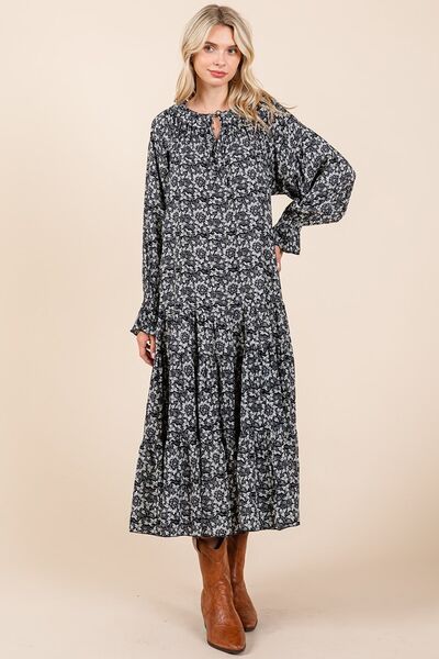 Mittoshop Printed Tie Neck Flounce Sleeve Midi Dress