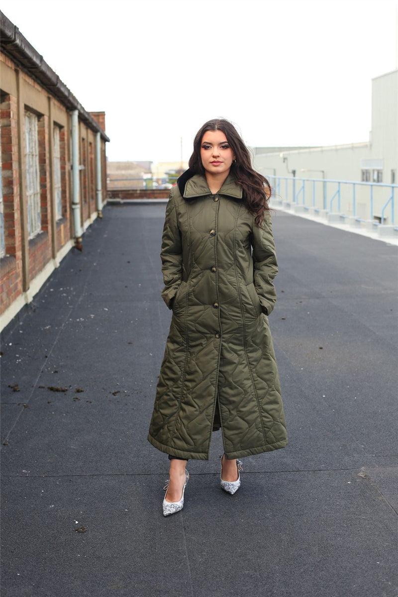 Quilted Single Breasted Longline Hooded Coat