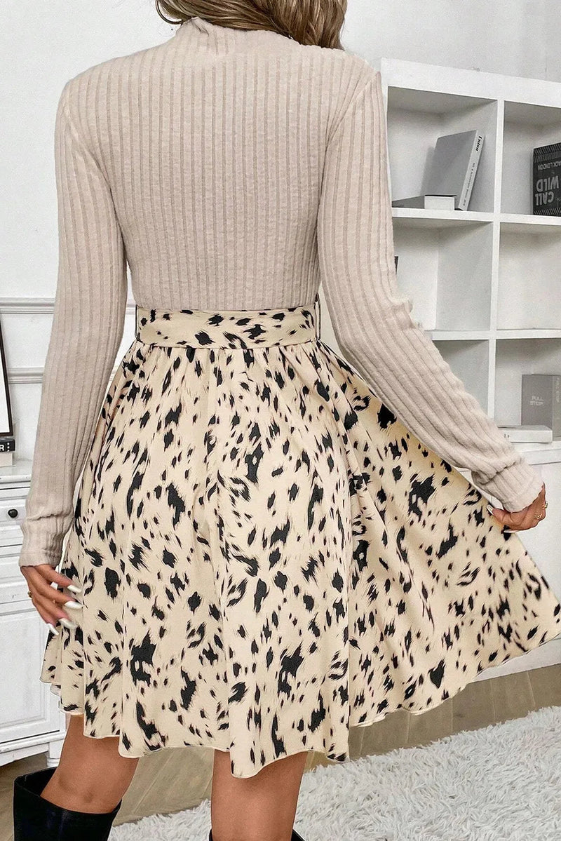 Tied Printed Mock Neck Long Sleeve Dress