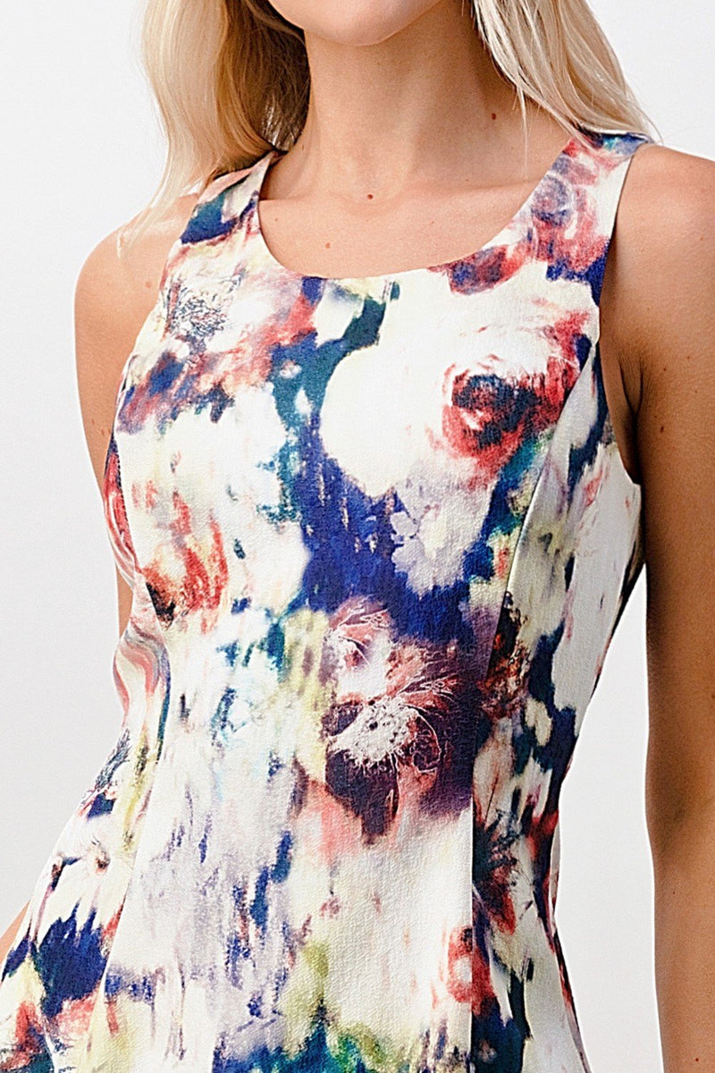 Sleeveless A-Line Dress with Watercolor Floral Print