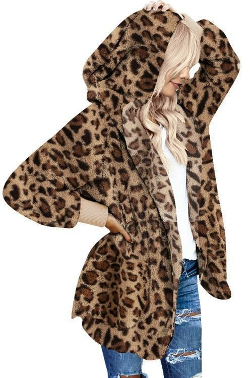 Women Winter Leopard  Soft Fleece Hooded Open Front Coat