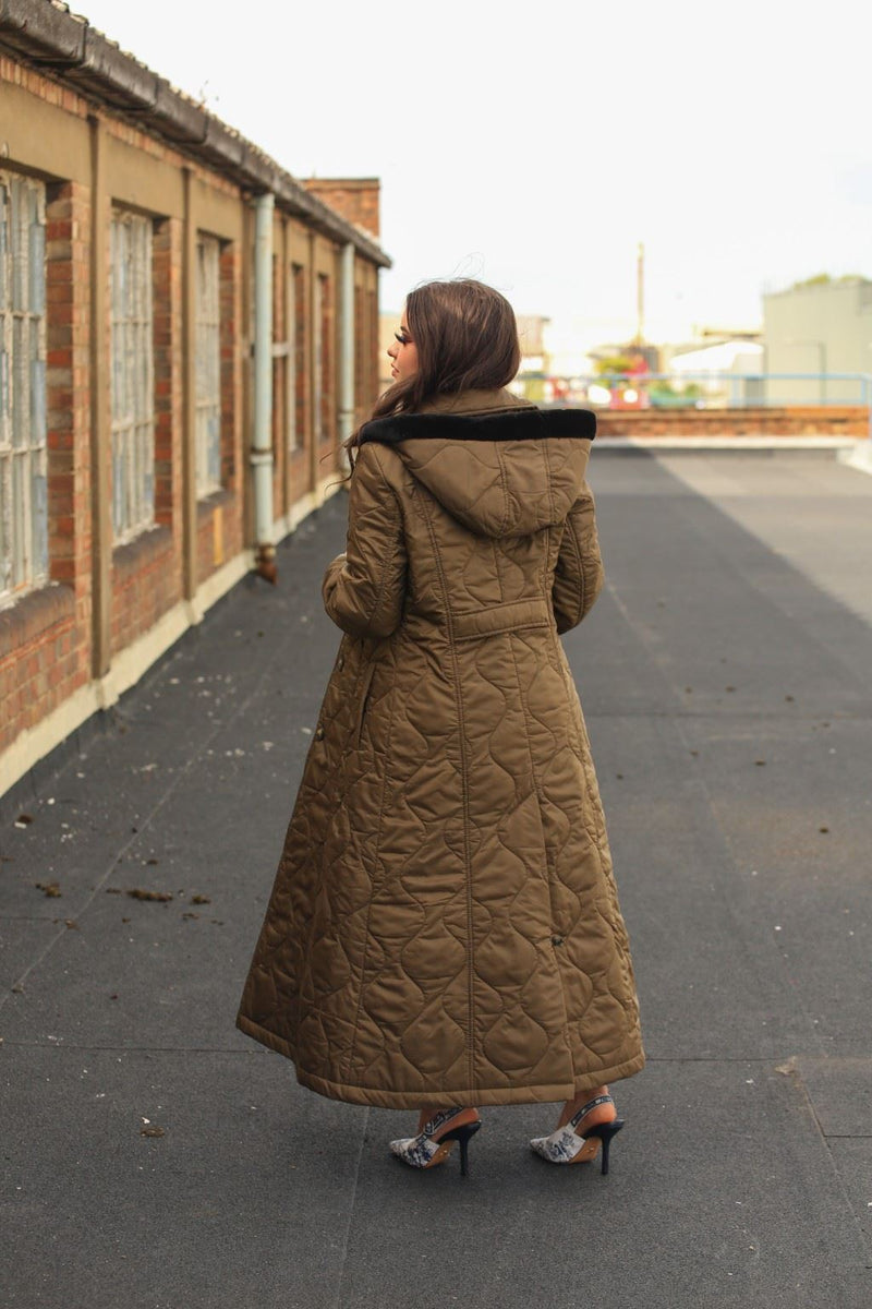 Quilted Single Breasted Longline Hooded Coat