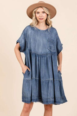 Mittoshop Washed Chambray Denim Oversized Tier Mini Dress