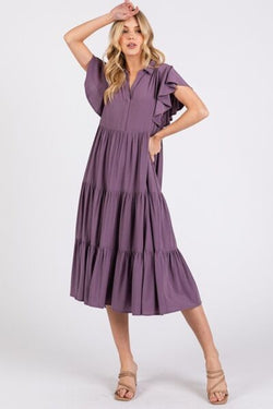 Mittoshop Ruffle Sleeve Collared V Neck Tiered Midi Dress