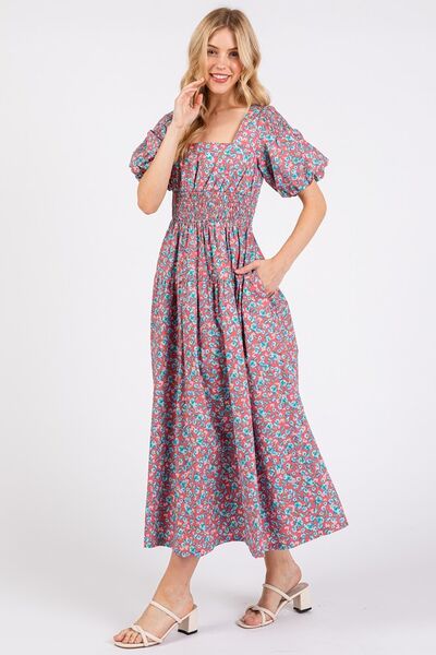 Mittoshop Smocked Floral Square Neck Puff Sleeve Midi Dress