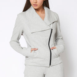 Women's Oversized Collar Zip-Up Moto Jacket In Heather Grey