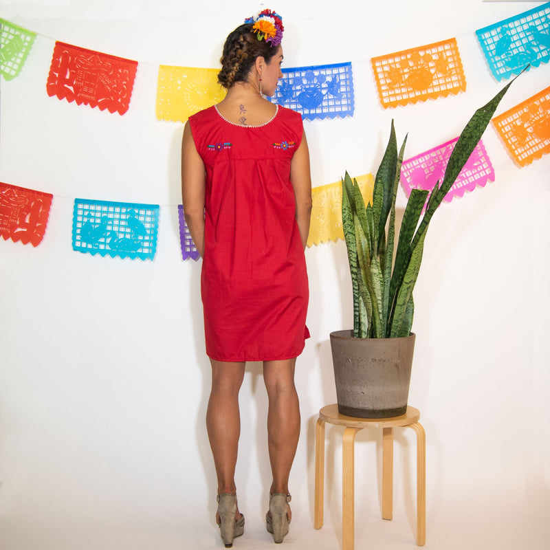 Red Vintage Dress with Hand embroidered Flowers