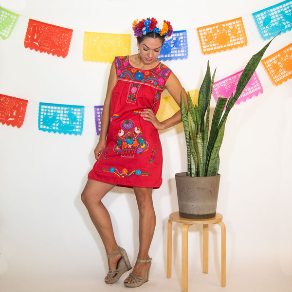 Red Vintage Dress with Hand embroidered Flowers