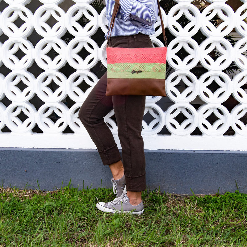 Cross-Body Bag in Brown Leather with Coral and Green Stripe