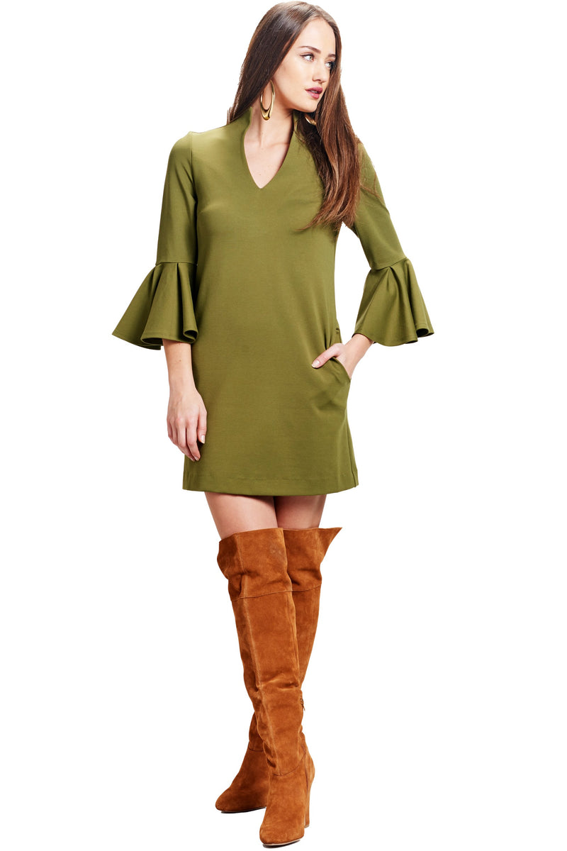 Gina Dress Olive - Bell sleeve shift dress with side slit pockets