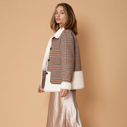 Women's Plaid Fur Jacket in Rust Houndstooth