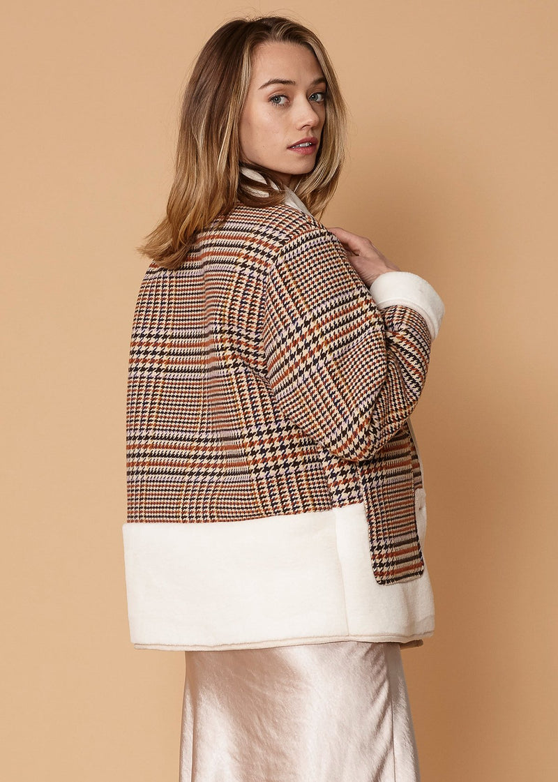 Women's Plaid Fur Jacket in Rust Houndstooth