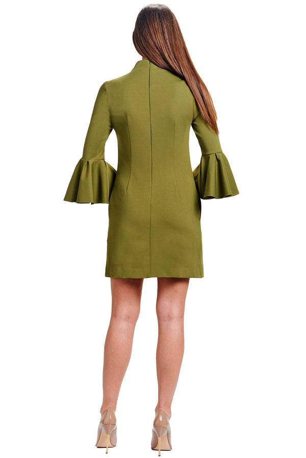 Gina Dress Olive - Bell sleeve shift dress with side slit pockets