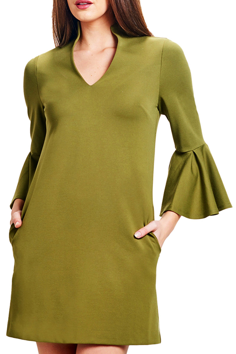 Gina Dress Olive - Bell sleeve shift dress with side slit pockets