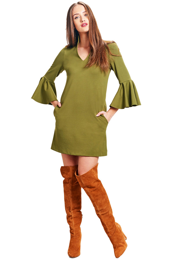 Gina Dress Olive - Bell sleeve shift dress with side slit pockets