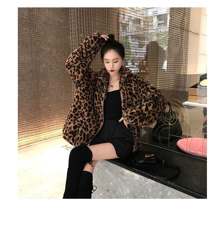 Winter Leopard Print Jacket Women's Stand collar Warm Parkas Outwear