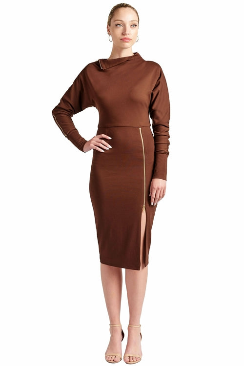 Josefa Asymmetric Dress -  Long sleeve convertible midi dress with