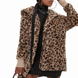 Women Winter Leopard  Soft Fleece Hooded Open Front Coat