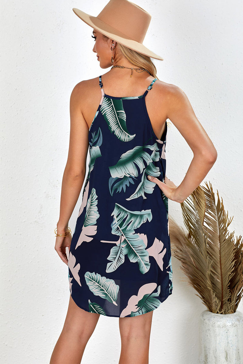 Palm Tree Leaf Print Navy Sleeveless Short Dress