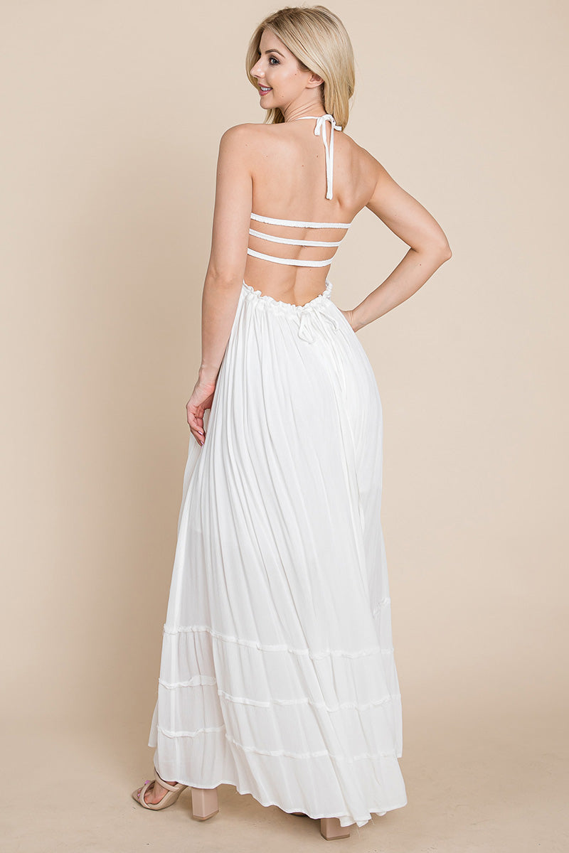 Smocked Flowy Boho Pleated Backless Maxi Dress