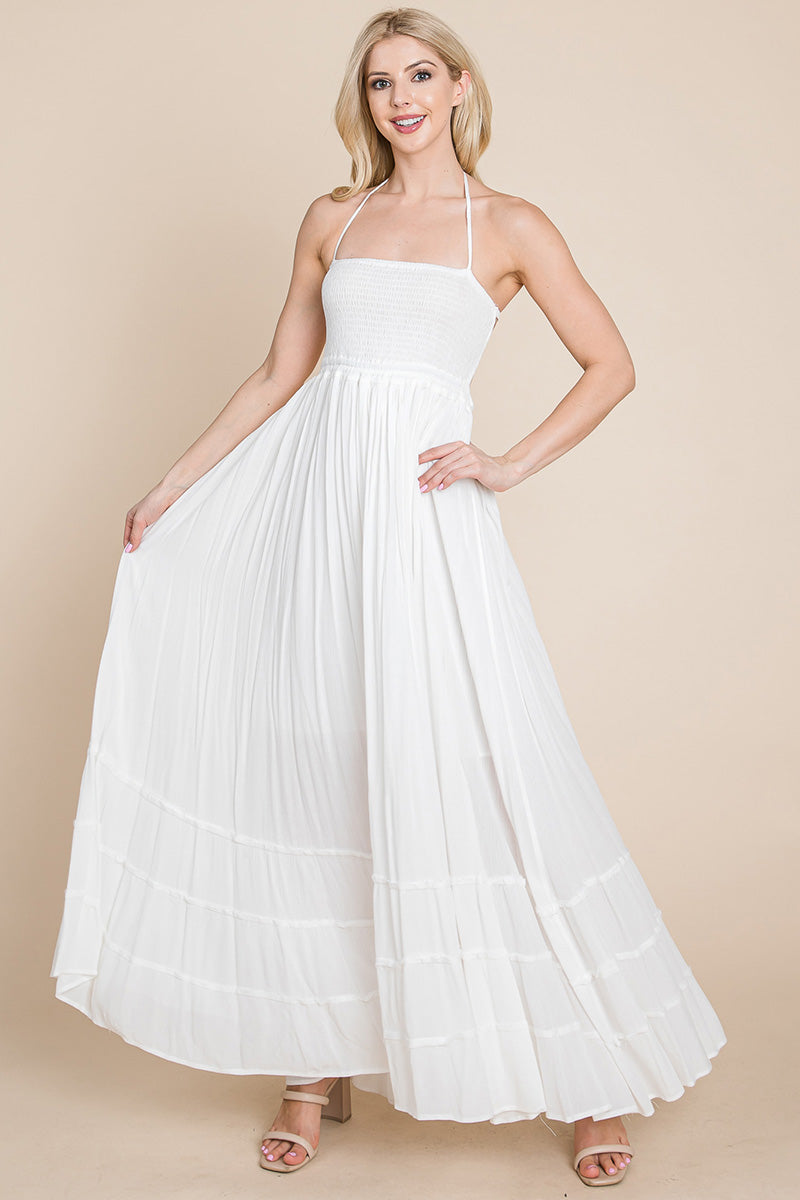 Smocked Flowy Boho Pleated Backless Maxi Dress